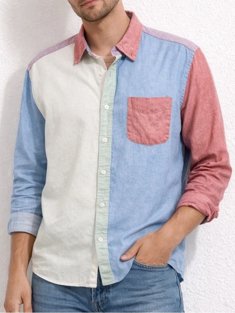 J.Crew Men’s Broken-In Oxford Colorblock Shirt Small Slim Pink Blue White Linen